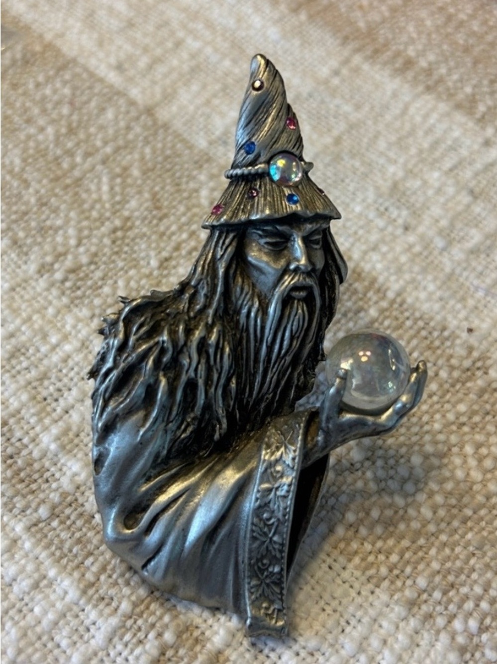 Wizard with crystal ball rhinestones on hat pewter brooch